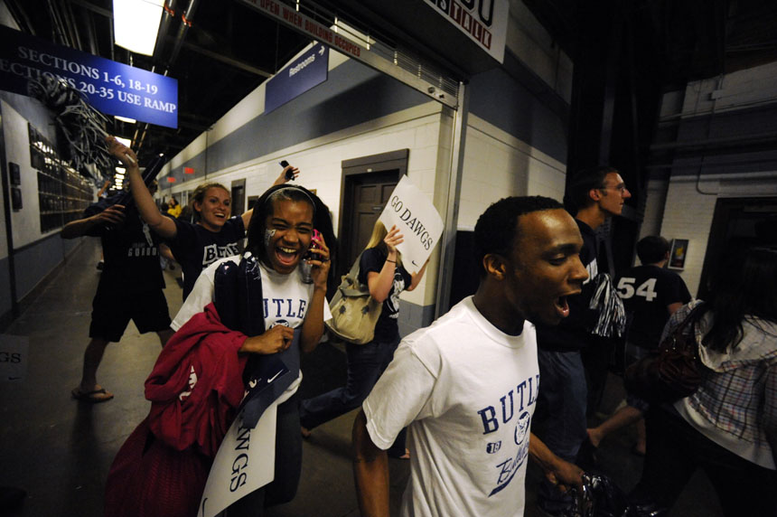 Excited Butler fans make their way out of Hinkle Fieldhouse after watching their team's 52-50 win over Michigan State on Saturday, April 3, 2010, at a watching party in Indianapolis. (James Brosher / IU Student News Bureau)