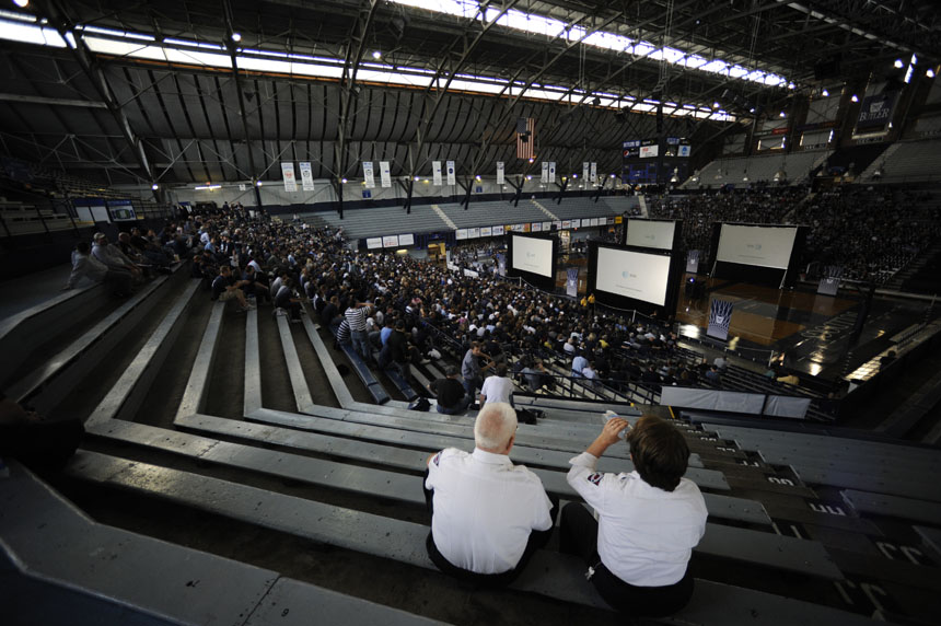 Paramedics watch the action from a distance section of seats during a watching party on Saturday, April 3, 2010, at Hinkle Fieldhouse in Indianapolis. (James Brosher / IU Student News Bureau)