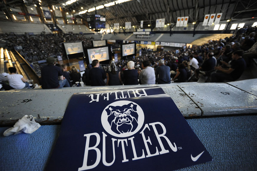 Fans watch Butler's semi-final matchup with Michigan State during a viewing party for the game on Saturday, April 3, 2010, at Hinkle Fieldhouse in Indianapolis. (James Brosher / IU Student News Bureau)