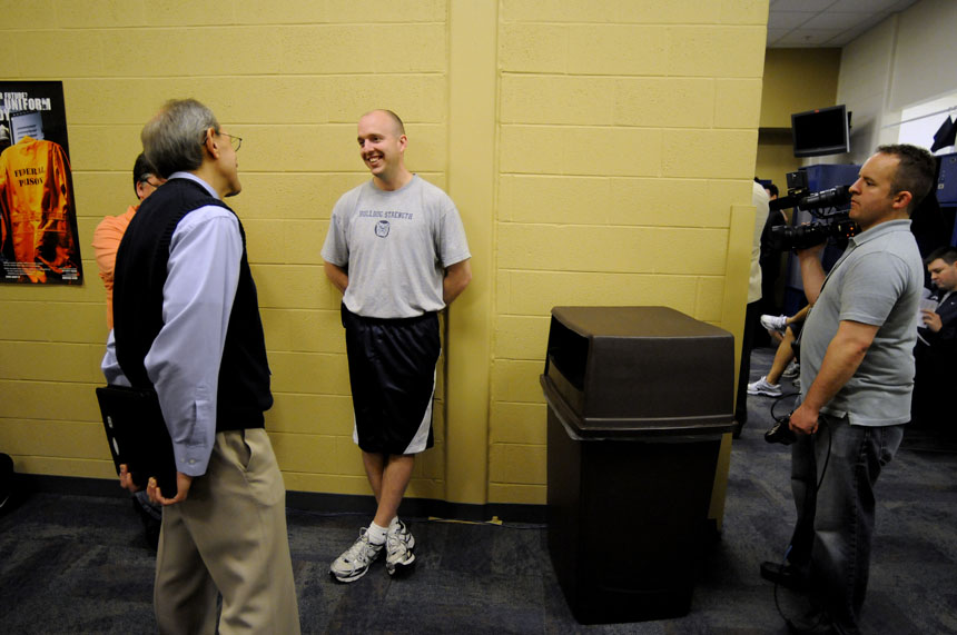 Butler assistant coach Matthew Graves speaks with the media in the Butler locker room on Sunday, April 4, 2010, at Lucas Oil Stadium in Indianapolis. Butler will face Duke in the national championship game on Monday night. (James Brosher / IU Student News Bureau)