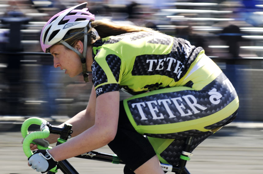 Teter rider Caitlin Van Kooten speeds down the front stretch during Little 500 Qualificiations on Saturday, March 27, 2010, at Bill Armstrong Stadium. Van Kooten, a junior, played a pivotal role in Teter's domination of the spring series events for the Women's Little 500.