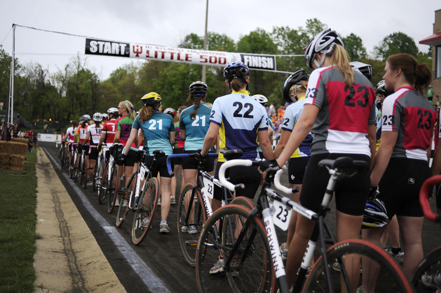 Riders prepare to be introduced during the parade lap before the Women's Little 500 on Friday, April 23, 2010, at Bill Armstrong Stadium.