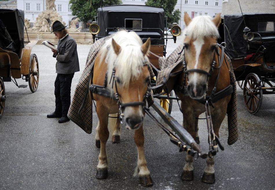 A horse carriage driver reads a book as he awaits customers on Friday, May 21, 2010, in the Old Town area of Salzburg, Austria.