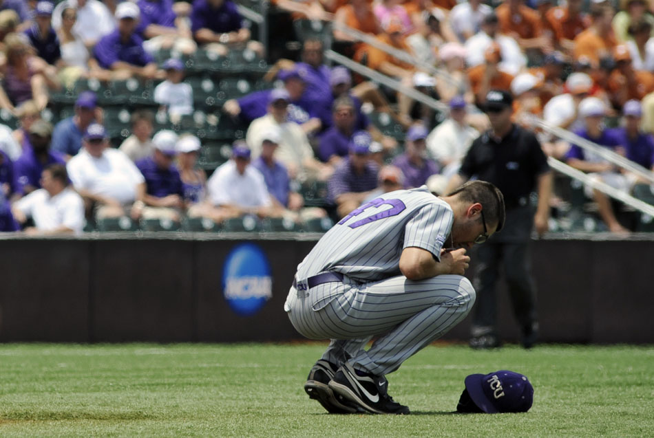TCU pitcher Matt Purke takes a moment to himself before taking the mound for the first inning of a NCAA Super Regional against Texas at Disch-Falk Field on Friday, June 11, 2010.
