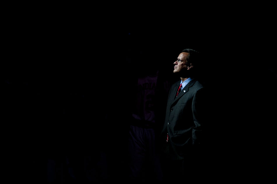 Indiana coach Tom Crean waits for player introductions to begin before a game on Tuesday, Nov. 16, 2010, at Assembly Hall.