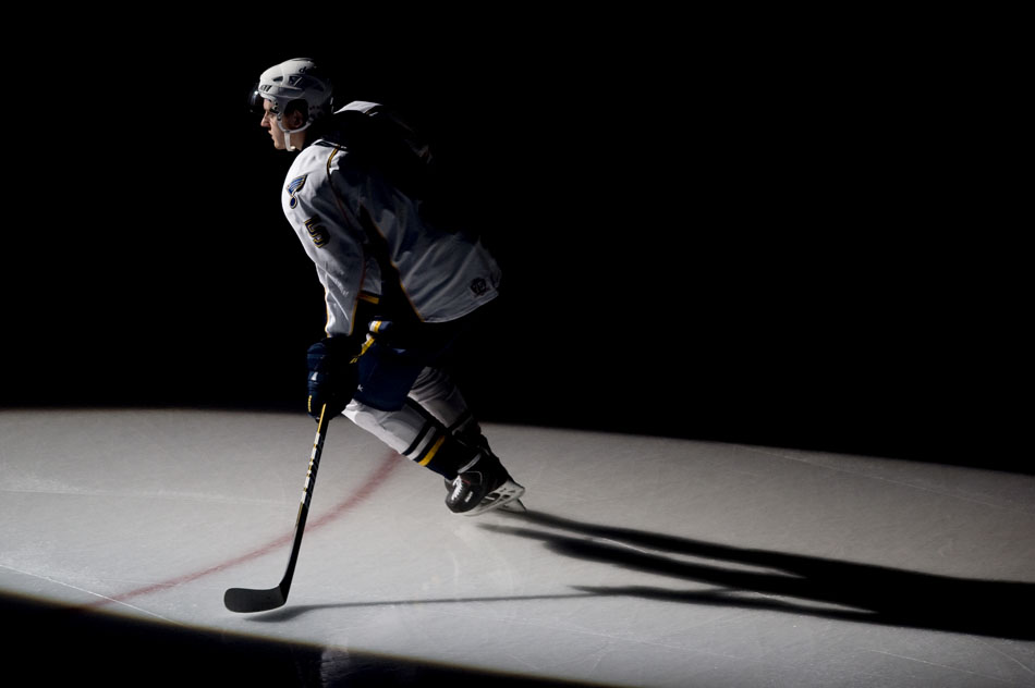 Peoria Rivermen defender Nikita Nikitin skates onto the ice during player introductions before a game against Grand Rapids on Saturday, Dec. 11, 2010, at Carver Arena.