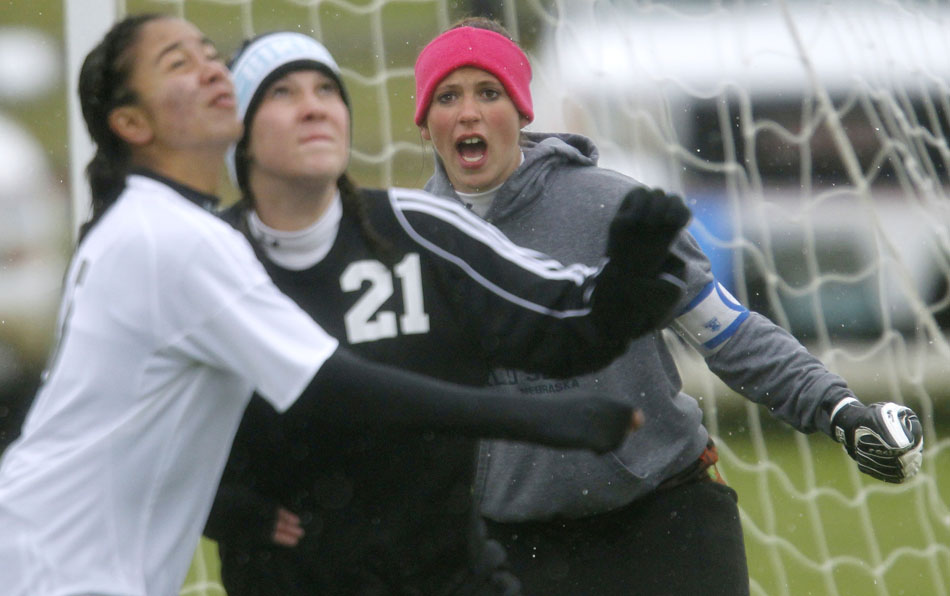 Cheyenne East keeper Shayne Carter yells instructions to her teammates during a girl's state soccer quarterfinal against Natrona County on Thursday, May 19, 2011, in Sheridan, Wyo.
