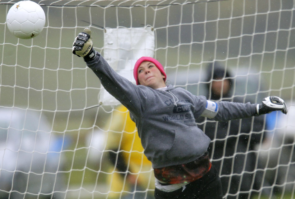 Cheyenne East keeper Shayne Carter makes a save during penalty kick overtime against Natrona County during a girl's state soccer quarterfinal on Thursday, May 19, 2011, in Sheridan, Wyo. East won.