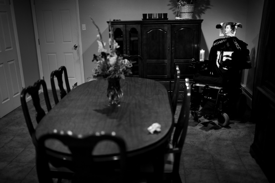 Isaac Salas' motorized wheelchair sits in the corner of his family's dining room as the family prepares a Thanksgiving meal in the nearby kitchen on Thursday, Nov. 24, 2011, in Cheyenne. The chair highlights Isaac's tale: His family wants to remember, but also needs to move on. "I try to keep myself busy so I don't think about it. The night is always the toughest," Melissa Plumley, Isaac's mother said. "I don't know if that's right or healthy, but it feels right to me." (James Brosher/Wyoming Tribune Eagle)