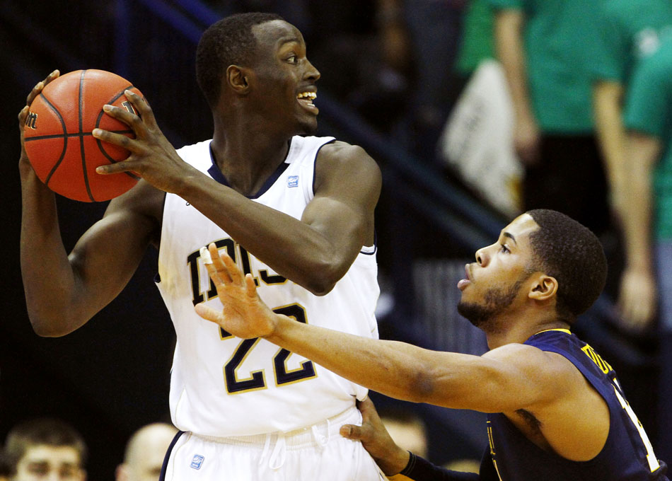 Notre Dame guard Jerian Grant looks to pass as he's guarded by West Virginia guard Gary Browne during a college basketball game on Wednesday, Feb. 22, 2012, at the Purcell Pavilion in South Bend. (James Brosher/South Bend Tribune)