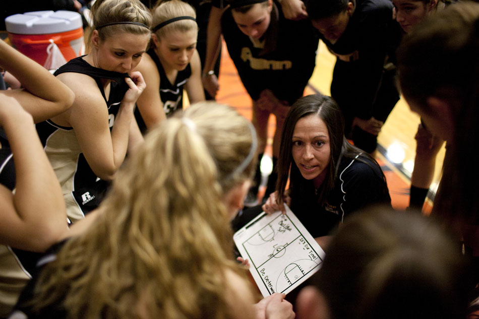 Penn coach Kristi Kaniewski talks to her players before the opening tip before the Class 4A girl's semi-state basketball game against North Central on Saturday, Feb. 25, 2012, at Warsaw High School. (James Brosher/South Bend Tribune)