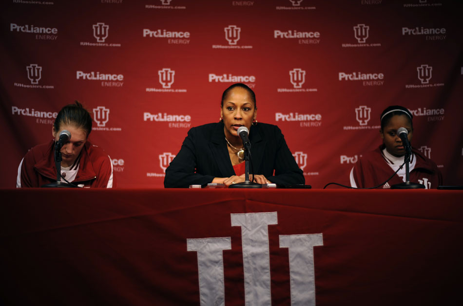 Indiana coach Felisha Legette-Jack addresses the media with guard Jamie Braun, left, and guard Andrea McGuirt following a 71-67 loss to Iowa on Thursday, Feb. 11, 2010, at Assembly Hall. (James Brosher/Bloomington Herald-Times)