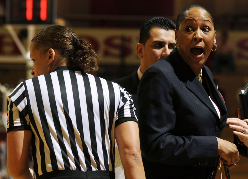 Indiana coach Felisha Legette-Jack argues with an official during a timeout in a game against Minnesota on Sunday, Feb. 21, 2010, at Assembly Hall. IU lost 59-50. (James Brosher/Bloomington Herald-Times)