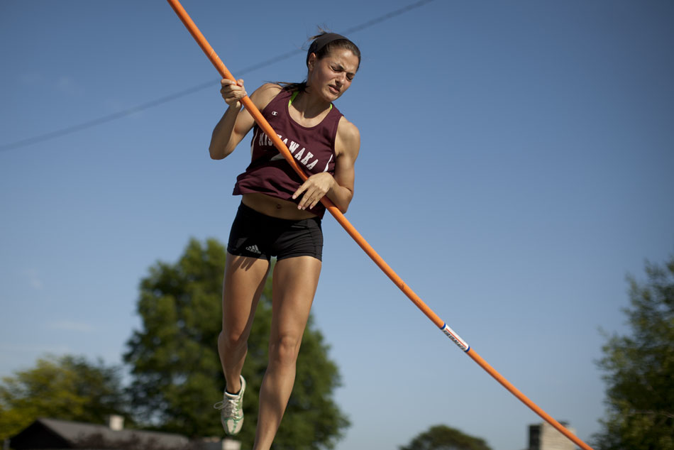 Mishawaka's Francesca Spalding reacts as she takes down the bar in the pole vault during the Bremen girl's track and field sectionals on Tuesday, May 15, 2012, at Bremen High School. (James Brosher/South Bend Tribune)