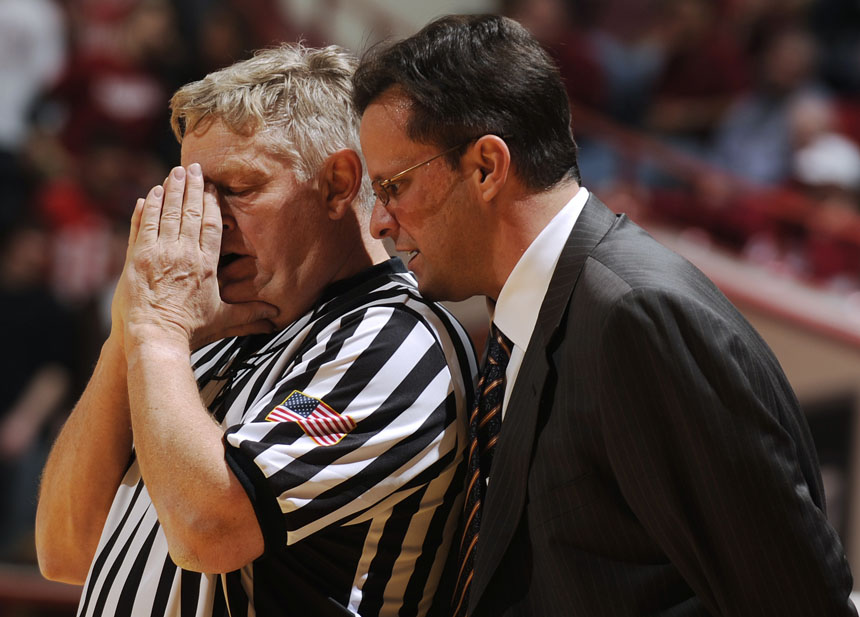 Indiana coach Tom Crean, right, talks with referee Jim Burr after a call Crean didn't like in a game against Wisconsin on Thursday, Feb. 25, 2010, at Assembly Hall in Bloomington, Ind. Minutes later, Crean was ejected from the game after receiving two technical fouls.