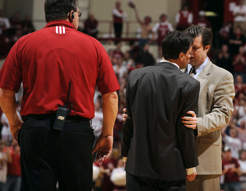 Indiana assistant Tim Buckley, right, tries to calm down coach Tom Crean after Crean received two technicals, ejecting him from a game against Wisconsin on Thursday, Feb. 25, 2010, at Assembly Hall in Bloomington, Ind.