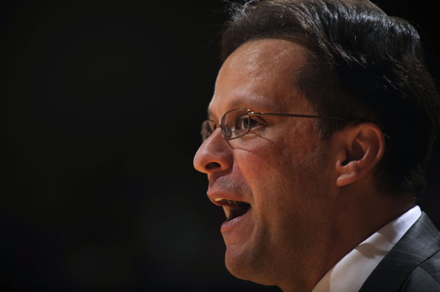 Indiana coach Tom Crean argues a call with an official during a game against Wisconsin on Thursday, Feb. 25, 2010, at Assembly Hall in Bloomington, Ind.