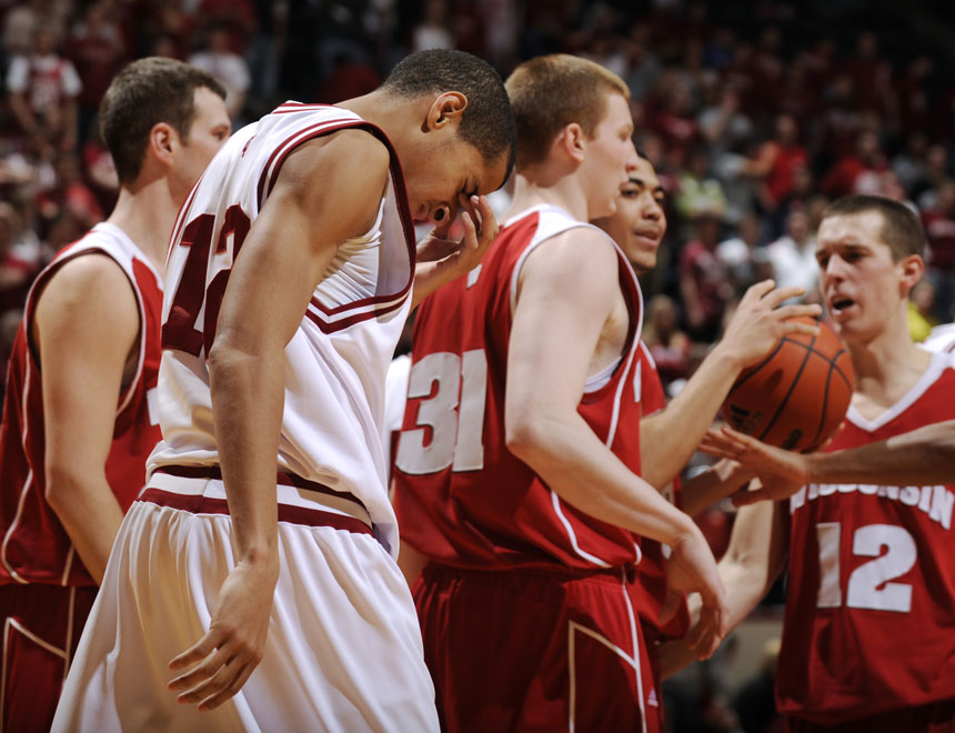 Indiana guard Verdell Jones III walks down the floor after he committed an offensive foul late in a 78-46 loss to Wisconsin during a game on Thursday, Feb. 25, 2010, at Assembly Hall in Bloomington, Ind.
