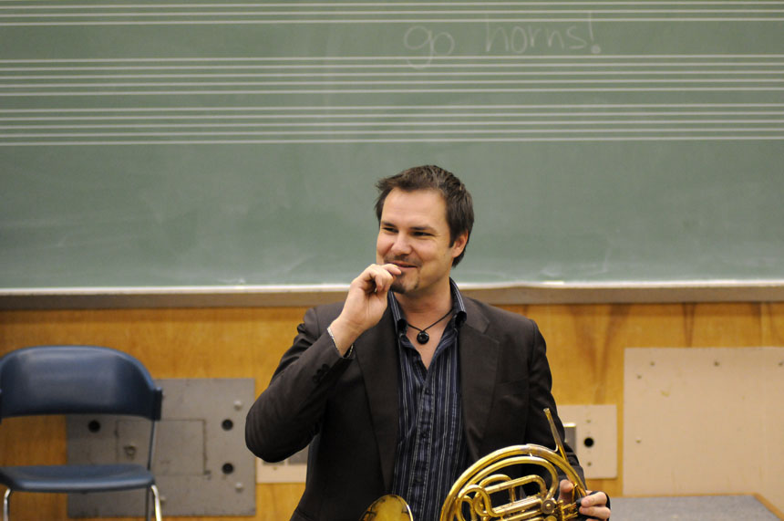 IU professor Jeff Nelsen leads students in an exercise showing proper technique for french horn mouthpieces during a class on Saturday, Feb. 6, 2010, at the Jacobs School of Music.