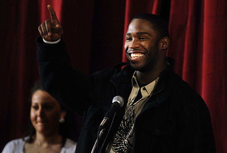 Indianapolis Colts wide receiver Pierre Garcon speaks to fans at an IU benefit for Haiti on Sunday, March 28, 2010, at the Indiana Memorial Union. Garcon spoke briefly  before allowing members of the audience to ask questions.