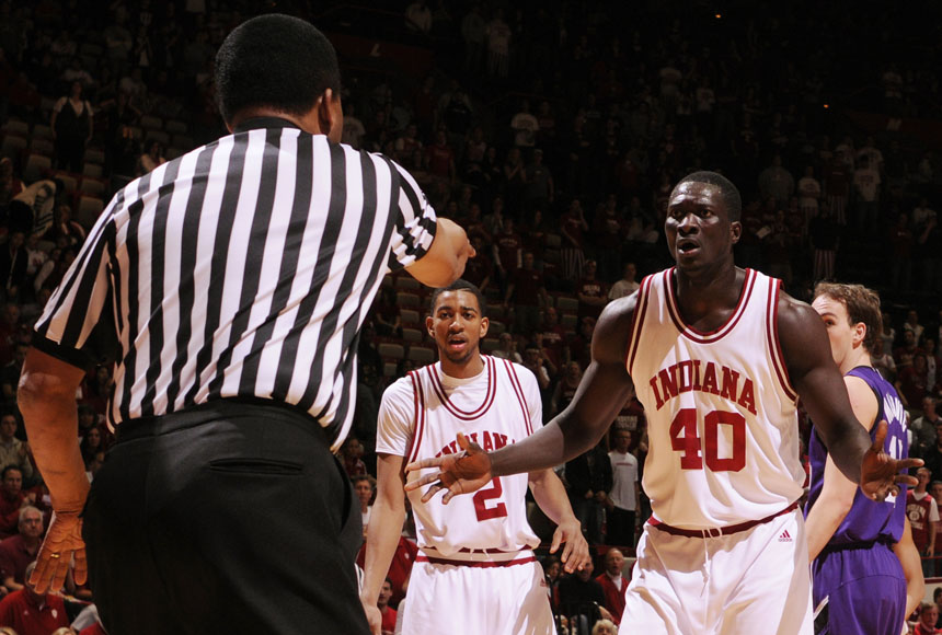 IU center Tijan Jobe (40) looks at referee Ed Hightower in disbelief after a foul was called during a game against Northwestern on Saturday, March 6, 2010, at Assembly Hall.