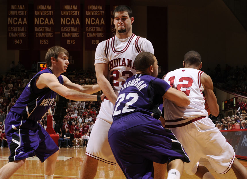 IU forward Bobby Capobianco (23) sets a pick for teammate Verdell Jones III during a game on Saturday, March 6, 2010, at Assembly Hall.