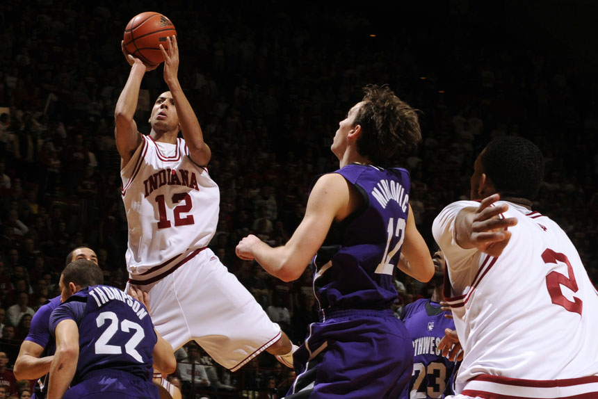 IU guard Verdell Jones III puts up a shot after dicing his way through the lane during a game on Saturday, March 6, 2010, at Assembly Hall.