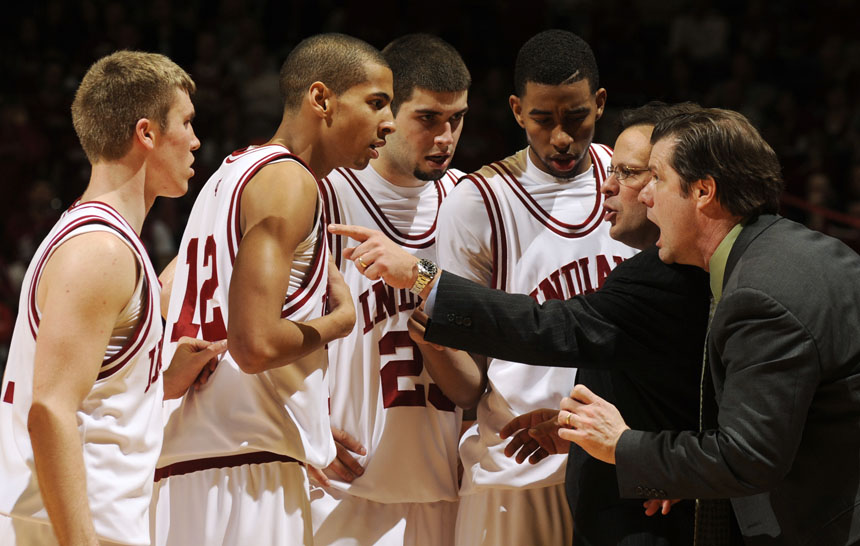 IU coach Tom Crean and assistant coach Tim Buckley, right, give instructions to players in the closing seconds of regulation during a game against Northwestern on Saturday, March 6, 2010, at Assembly Hall. IU won 88-80.