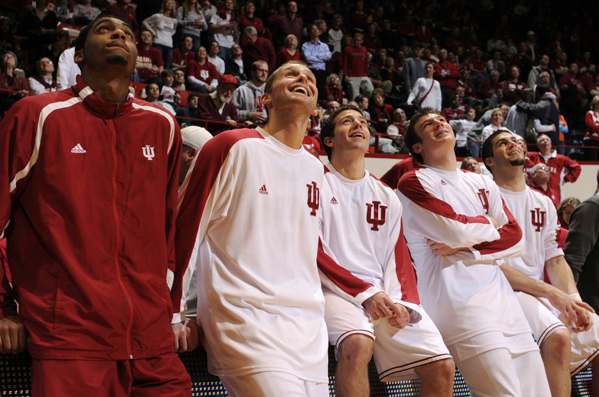 IU players watch a video presentation on the team's seniors after a 88-80 win over Northwestern on Saturday, March 6, 2010, at Assembly Hall.