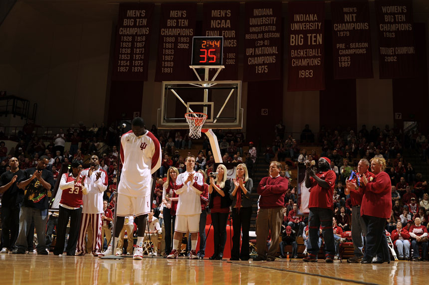 IU center Tijan Jobe takes a moment before addressing the crowd during the senior day ceremony following the team's 88-80 win over Northwestern on Saturday, March 6, 2010, at Assembly Hall.
