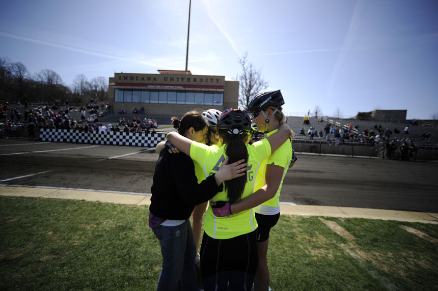 Delta Zeta riders huddle up before taking the track to qualify for the Little 500 on Saturday, March 27, 2010, at Bill Armstrong Stadium.