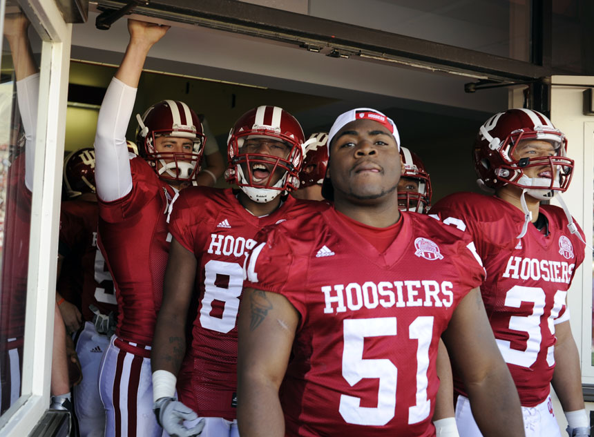 Indiana Crimson wide receiver Jamonne Chester, left, gets the team hyped up with a chant before the IU Cream and Crimson game on Saturday, April 17, 2010, at Memorial Stadium in Bloomington, Ind. Crimson won 17-10.