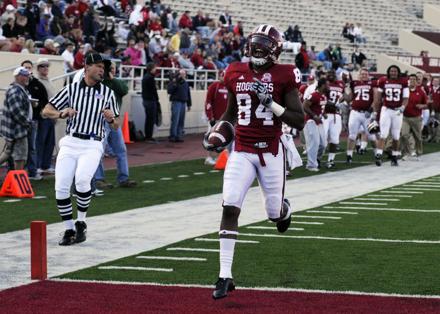 Indiana Crimson wide receiver Jamonne Chester (84) reacts as he walks into the endzone for a touchdown after scooping up a forced fumble during the IU Cream and Crimson game on Saturday, April 17, 2010, at Memorial Stadium in Bloomington, Ind. Crimson won 17-10.