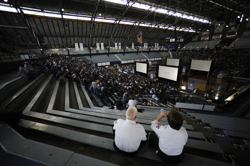 Paramedics watch the action from a distance section of seats during a watching party on Saturday, April 3, 2010, at Hinkle Fieldhouse in Indianapolis. (James Brosher / IU Student News Bureau)
