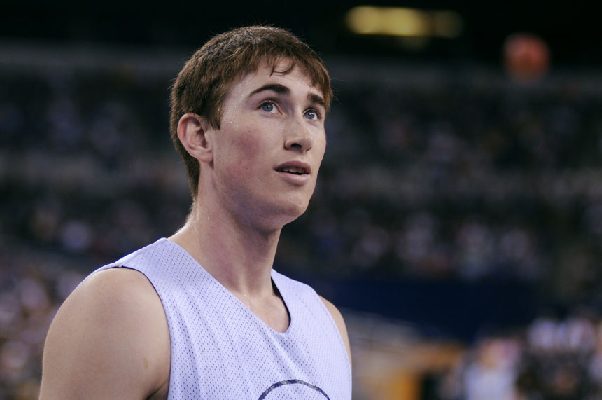 Butler's Gordon Hayward participates in an open practice on Friday, April 2, 2010, at Lucas Oil Stadium. The practice drew several hundred local fans to the stadium. (James Brosher / IU Student News Bureau)