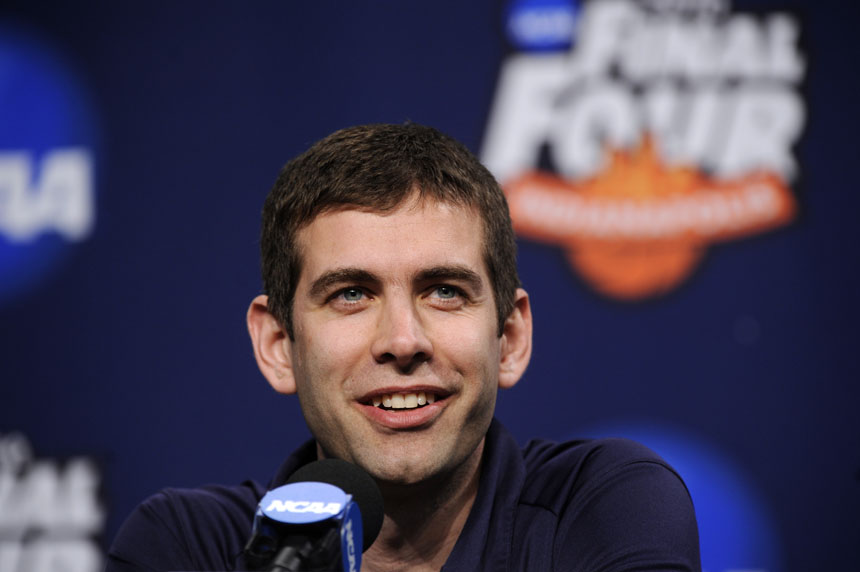 Butler coach Brad Stevens speaks to the media during a press conference on Sunday, April 4, 2010, at Lucas Oil Stadium in Indianapolis. Butler will face Duke in the national championship game on Monday night. (James Brosher / IU Student News Bureau)