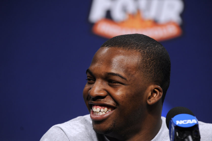 Butler guard Shelvin Mack shares a laugh with a teammate between questions during a press conference on Sunday, April 4, 2010, at Lucas Oil Stadium in Indianapolis. Butler will face Duke in the national championship game on Monday night. (James Brosher / IU Student News Bureau)