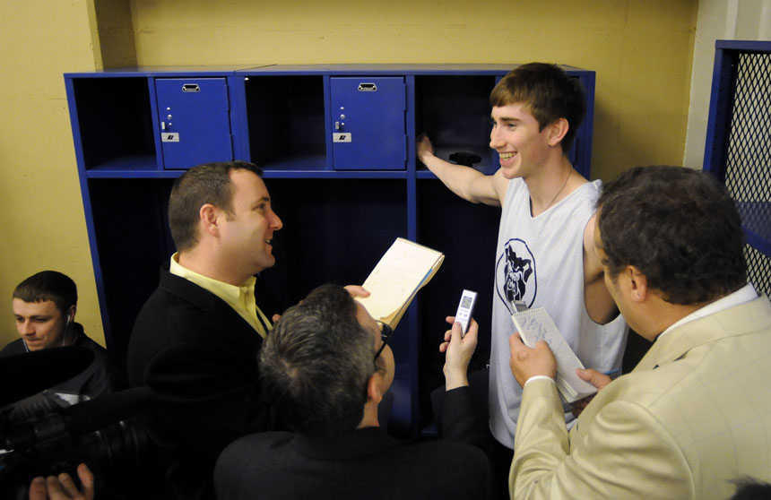 Butler forward Gordon Hayward speaks with the media in the Butler locker room on Sunday, April 4, 2010, at Lucas Oil Stadium in Indianapolis. Butler will face Duke in the national championship game on Monday night. (James Brosher / IU Student News Bureau)