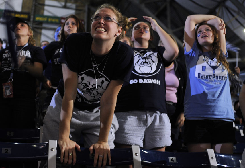 Melody Landis, a Butler student, cringes after watching the team miss a shot in the national championship game during a viewing party on Sunday, April 5, 2010, at Hinkle Fieldhouse in Indianapolis. (James Brosher / IU Student News Bureau)