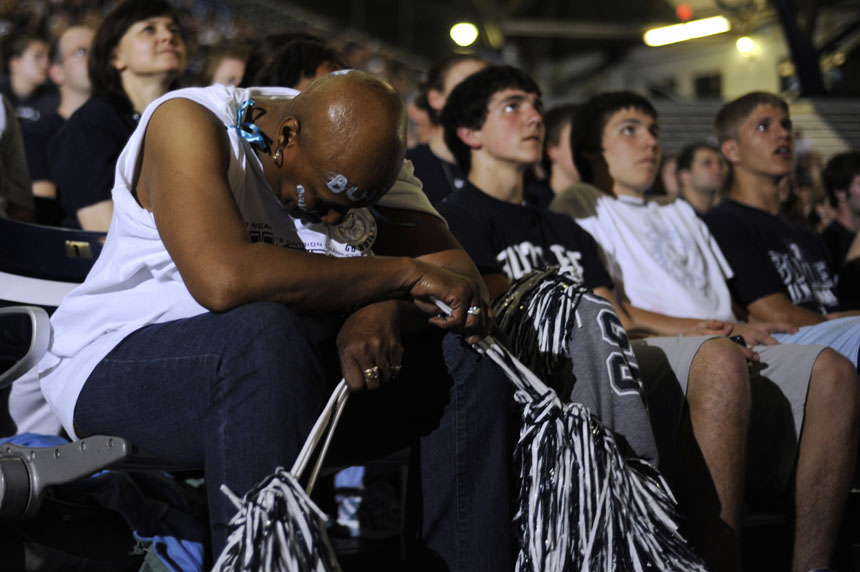 Linda Gude, of Indianapolis, hangs her head after a missed Butler shot in the second half during a viewing party of the Duke-Butler national championship on Monday, April 5, 2010, at Hinkle Fieldhouse in Indianapolis. (James Brosher / IU Student News Bureau)