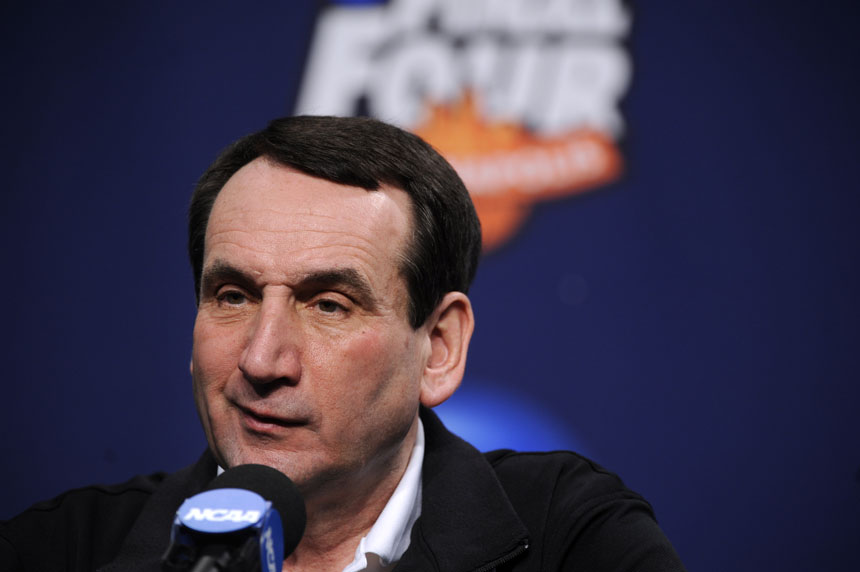 Duke coach Mike Krzyzewski speaks to the media during a press conference on Sunday, April 4, 2010, at Lucas Oil Stadium in Indianapolis. Duke will face Butler for the national championship on Monday night. (James Brosher / IU Student News Bureau)