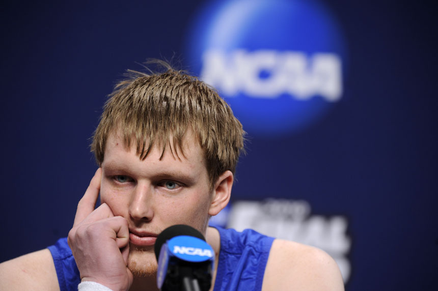 Duke forward Kyle Singler listens to a question during a press conference on Sunday, April 4, 2010, at Lucas Oil Stadium in Indianapolis. Duke will face Butler for the national championship on Monday night. (James Brosher / IU Student News Bureau)