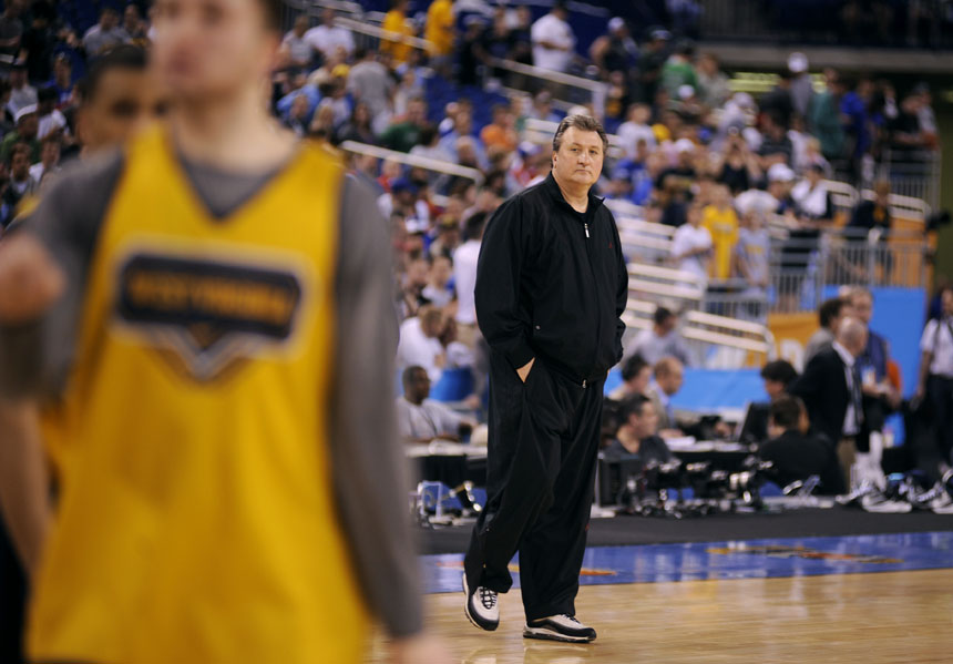 West Virginia coach Bob Huggins watches his team during an open practice on Friday, April 2, 2010, at Lucas Oil Stadium. (James Brosher / IU Student News Bureau)