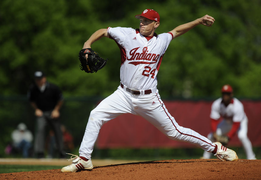 Indiana's Drew Leininger throws to an Iowa batter during the first game in a double header on Saturday, April 17, 2010, at Sembower Field.