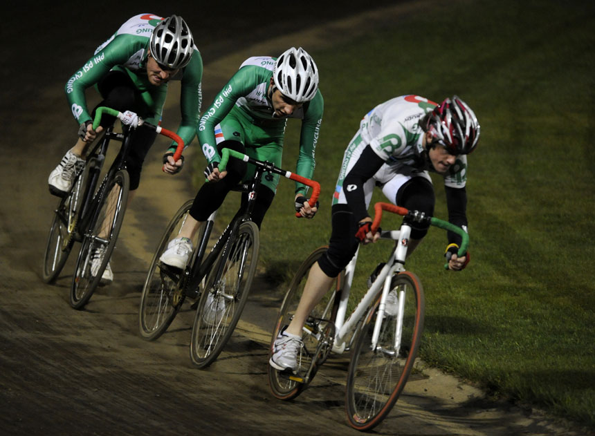 Phi Kappa Psi riders make their way through turn four during the finals of Little 500 Team Pursuit on Saturday, April 17, 2010, at Bill Armstrong Stadium. Phi Psi finished second.