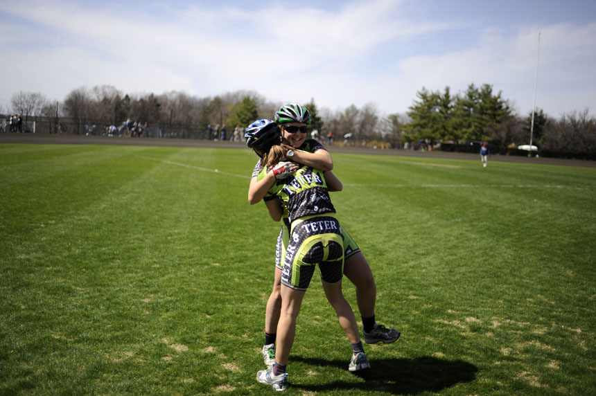Teter riders embrace after the team qualified for the Little 500 on Saturday, March 27, 2010, at Bill Armstrong Stadium.