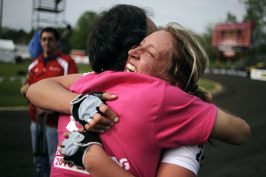 Teter rider Caitlin Van Kooten receives a hug after the team won the Women's Little 500 on Friday, April 23, 2010, at Bill Armstrong Stadium. It is the team's first win since 2005.