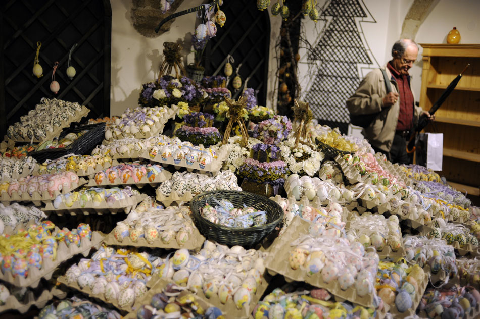 A large selection of several decorated eggs sit on display at the Christmas in Salzburg shop on Friday, May 21, 2010, in Salzburg, Austria. The shop, which is open year-round, features thousands of decorated eggs.