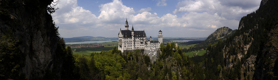 Schloss Neuschwanstein is seen on Sunday, May 23, 2010, in Schwangau, Germany. The castle, said to be the most famous in the world, inspired Disney's citadel. NOTE: this photo is a computer-generated panorama using several photographs.