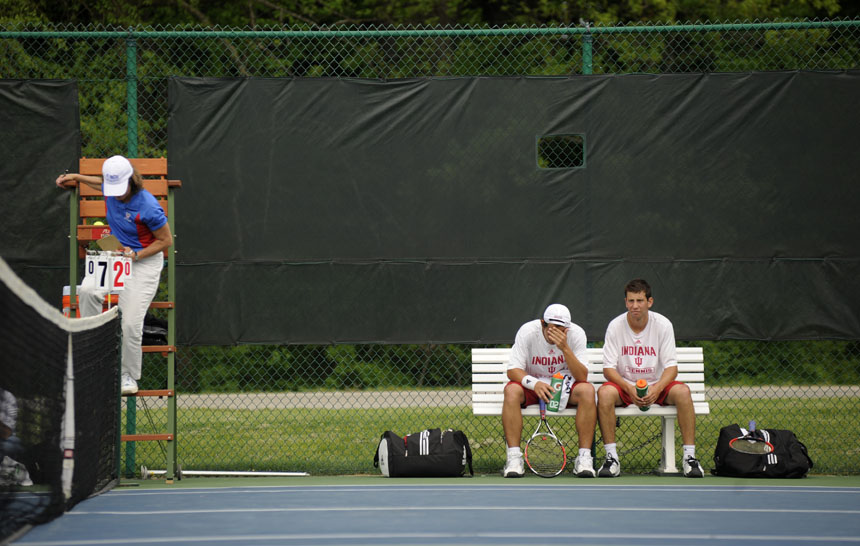 Indiana doubles partners Santiago Gruter, left, and Jeremy Langer take a break in the action during a match against Michigan in the Big Ten Men's Tennis Tournament on Friday, April 30, 2010, at Indiana University in Bloomington, Ind.